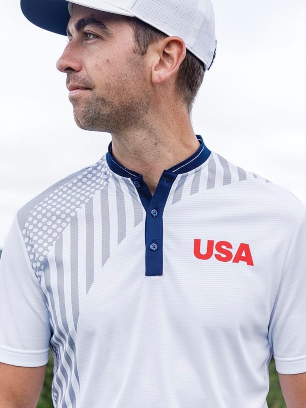 adidas White Polo with Navy Placket and Red USA Chest Print